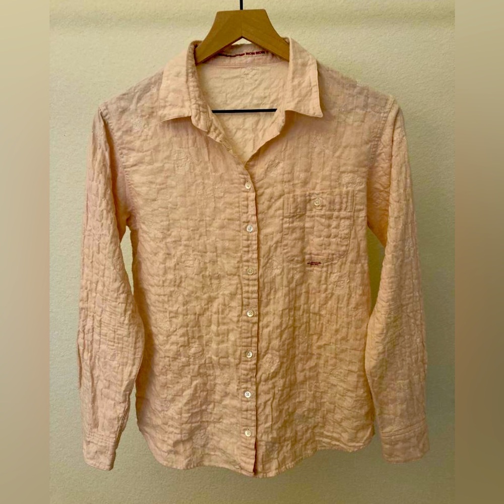 Pale Pink button down, collared soft Bubble Cotton embroidered long sleeve shirt